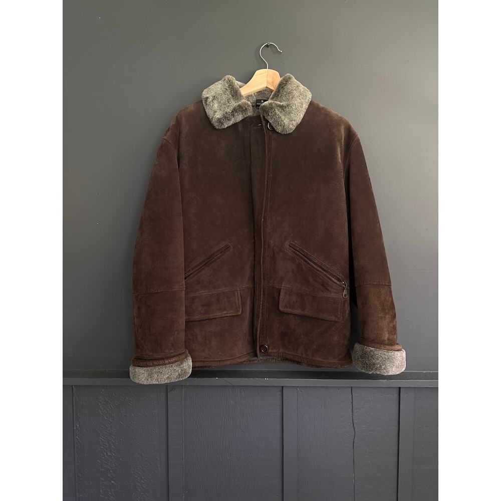 Gallery Brown Suede Leather Western Ranch Barn Jacket Faux Fur Sz Small